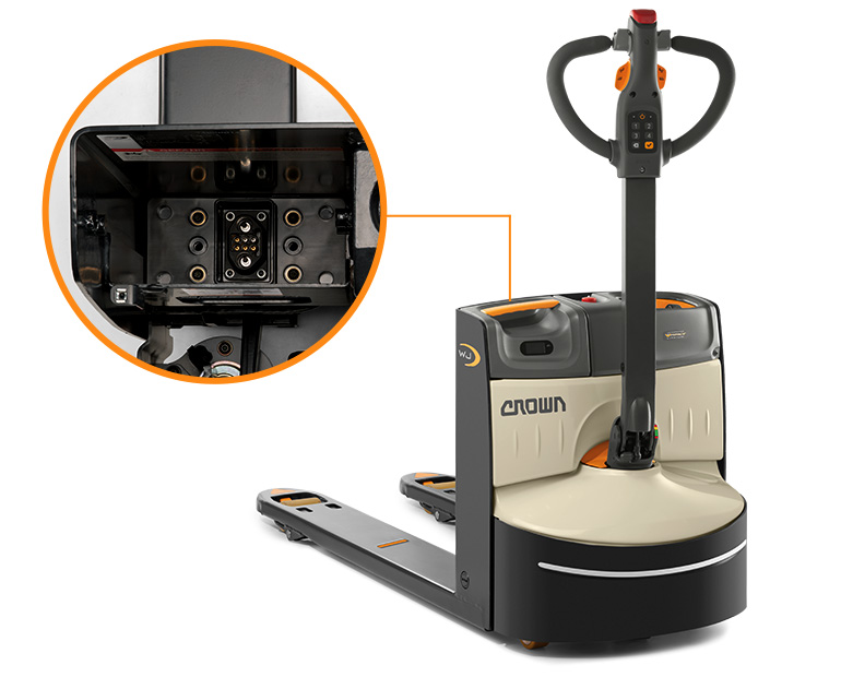WJ 紧凑型托盘搬运车可由 4 种不同的蓄电池供电